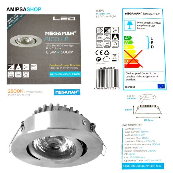 Megaman LED Einbaustrahler RICO HR IP44 6.5W 2800K 500lm 36°