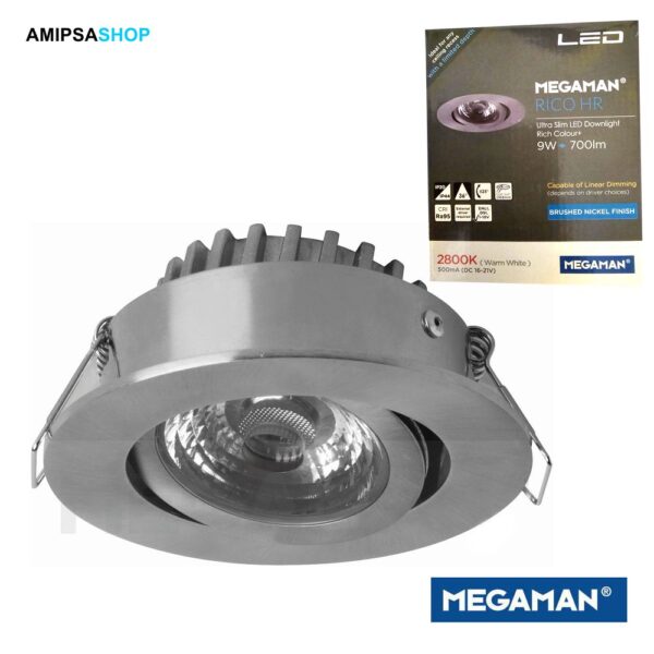 Megaman LED Einbaustrahler RICO HR IP44 9W 2800K 700lm 36° CRi 90 schwenkbar dimmbar Nickel gebürstet