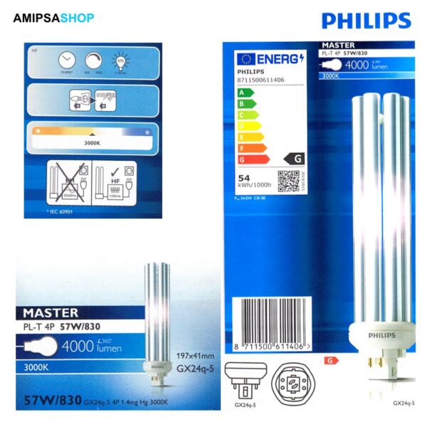 Philips Master PL-T 4p 57W 830 GX24q-5 4000 Lumen