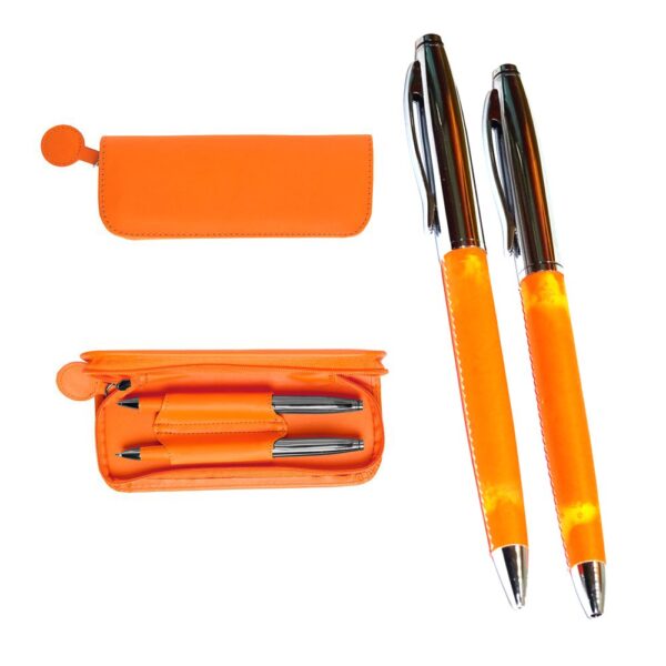 Schreibset aus Metall in Kunstleder Etui orange