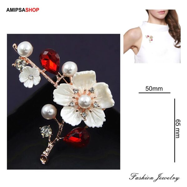 Brosche Blume mit Perle und Kristall Strasssteine