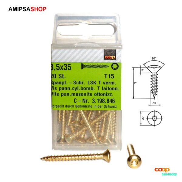 Spanplattenschraube LSK 3.5×35 mm Torx T15 Vermessingt 20 Stück