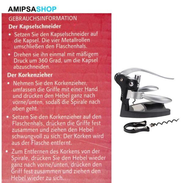 Korkenzieher mit Hebel Weinflaschenöffner mit Spiralschraube – Bild 2
