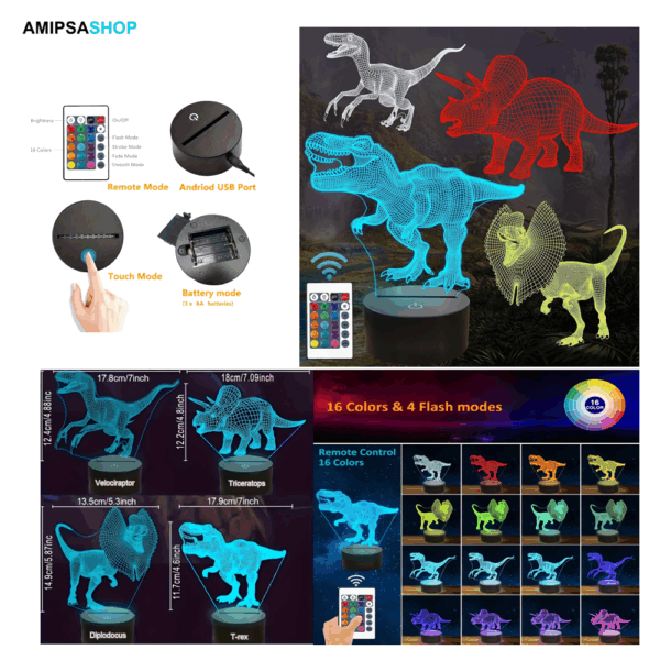 4er-Set T-Rex Dinosaurier 3D-Nachtlicht (4 Muster) mit 1 Basis