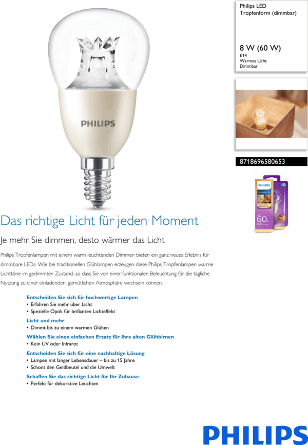 PHILIPS LED Tropfenlampe 8W E14 220-240V – Bild 2