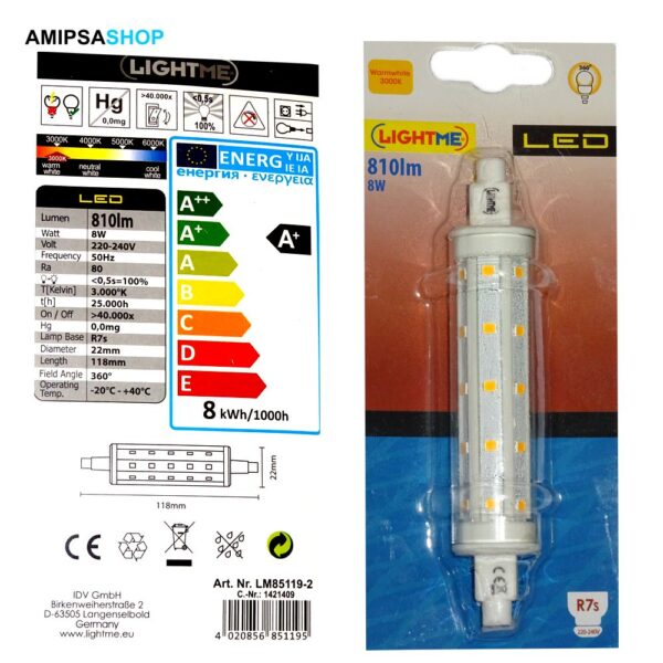 LIGHTME LED R7s 118mm 8W 810 3000K