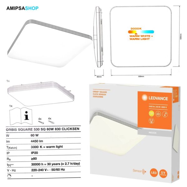 Ledvance Orbis Square Click Sensor 530 x 530 mm 60W 4450lm 3000K