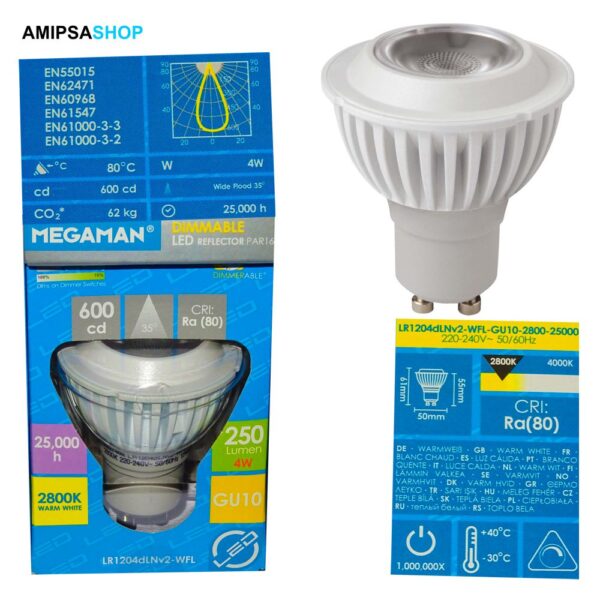 Megaman LED 4W 250lm 2800K 35° GU10 MM27402