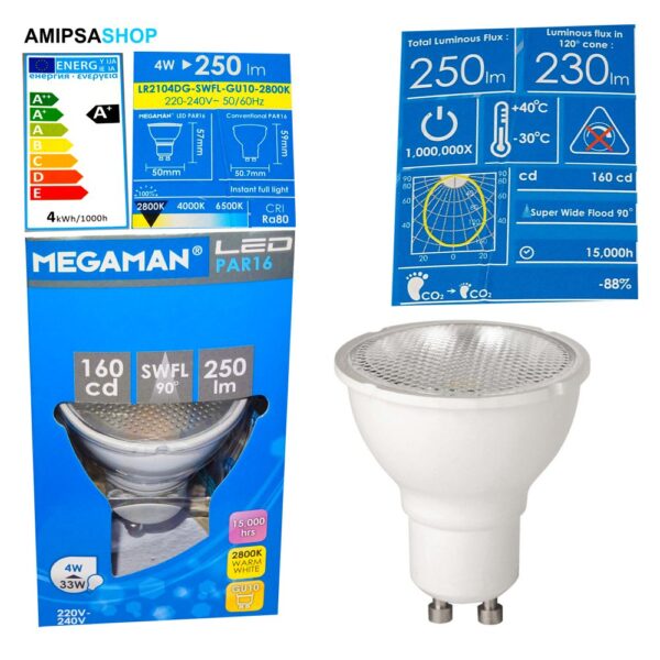 Megaman LED 4W 250lm 2800K 90° GU10 MM26302