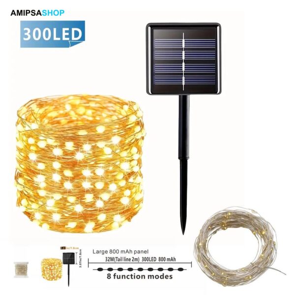 Solar Lichterkette 300 LED warmweiss Kupferdraht 8 Modi