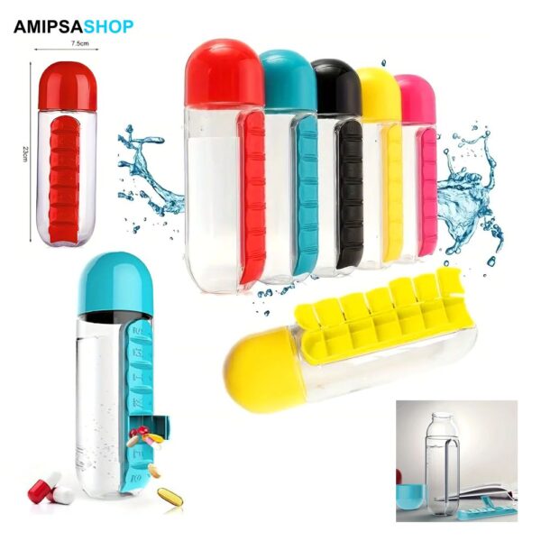 Wasserflasche 600 ml mit integrierter 7 Tage Pillendose