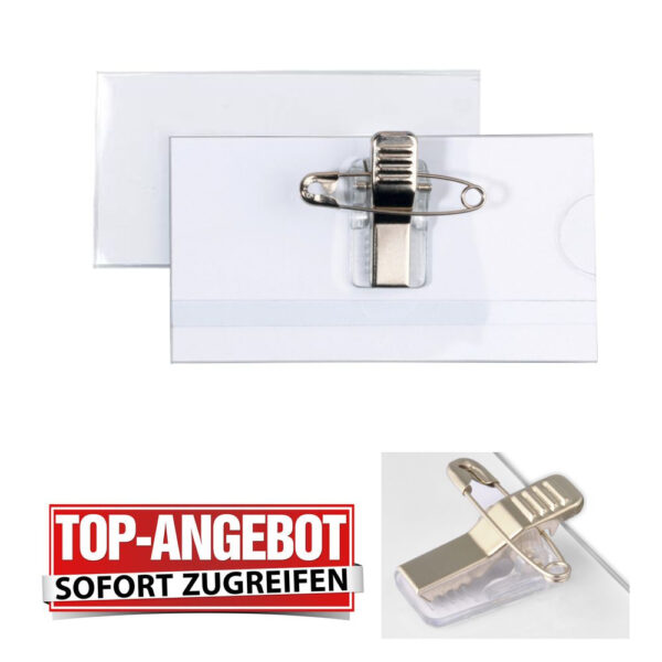 Namensschilder mit Kombiklemme 90 x 60mm
