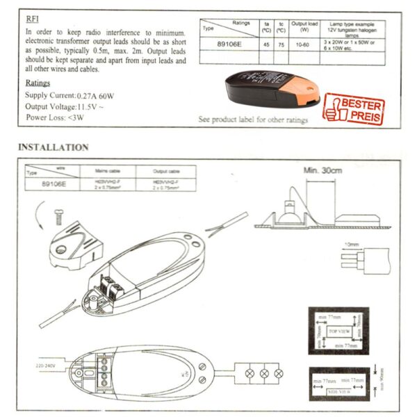 Trafo 10-60w 220-240v 89106E Dimmbare – Bild 2